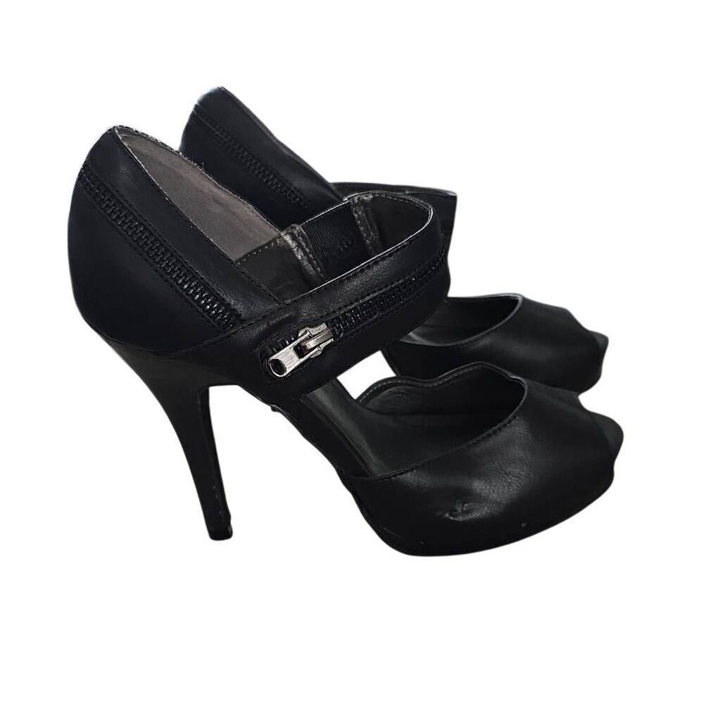 Nine & Co Women's Size 7 Black Faux Leather Zip Detail Peeptoe Stiletto Heels